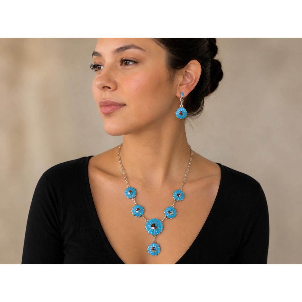 Zuni Turquoise Floral Inlay Necklace & Earring Set By Burdian Soseeah‎ Jewelry**